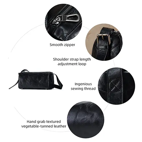 Black Leather Men’s Crossbody Bag with Adjustable Strap and Reinforced Base